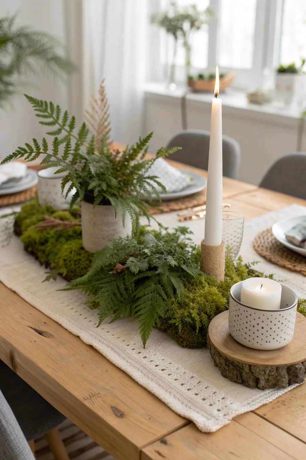 Moss and ferns weave a natural tapestry across your table, perfect for those seeking a touch of the wilderness indoors.