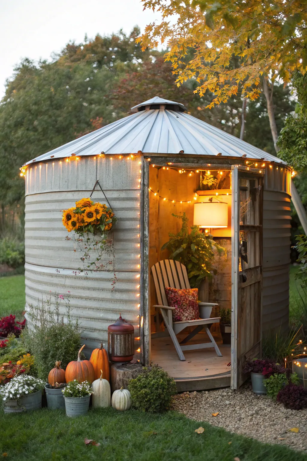 Transform your outdoor space with a repurposed grain bin gazebo—style it seasonally for a fresh, inviting atmosphere year-round.