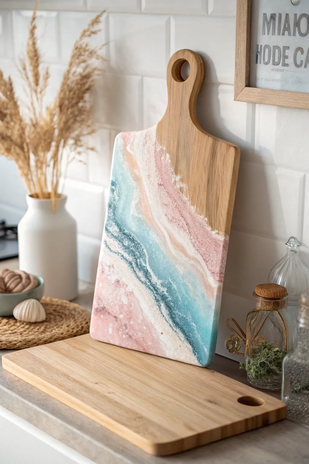 Elevate your culinary space with the artistry of layered resin hues, where simplicity meets elegance.