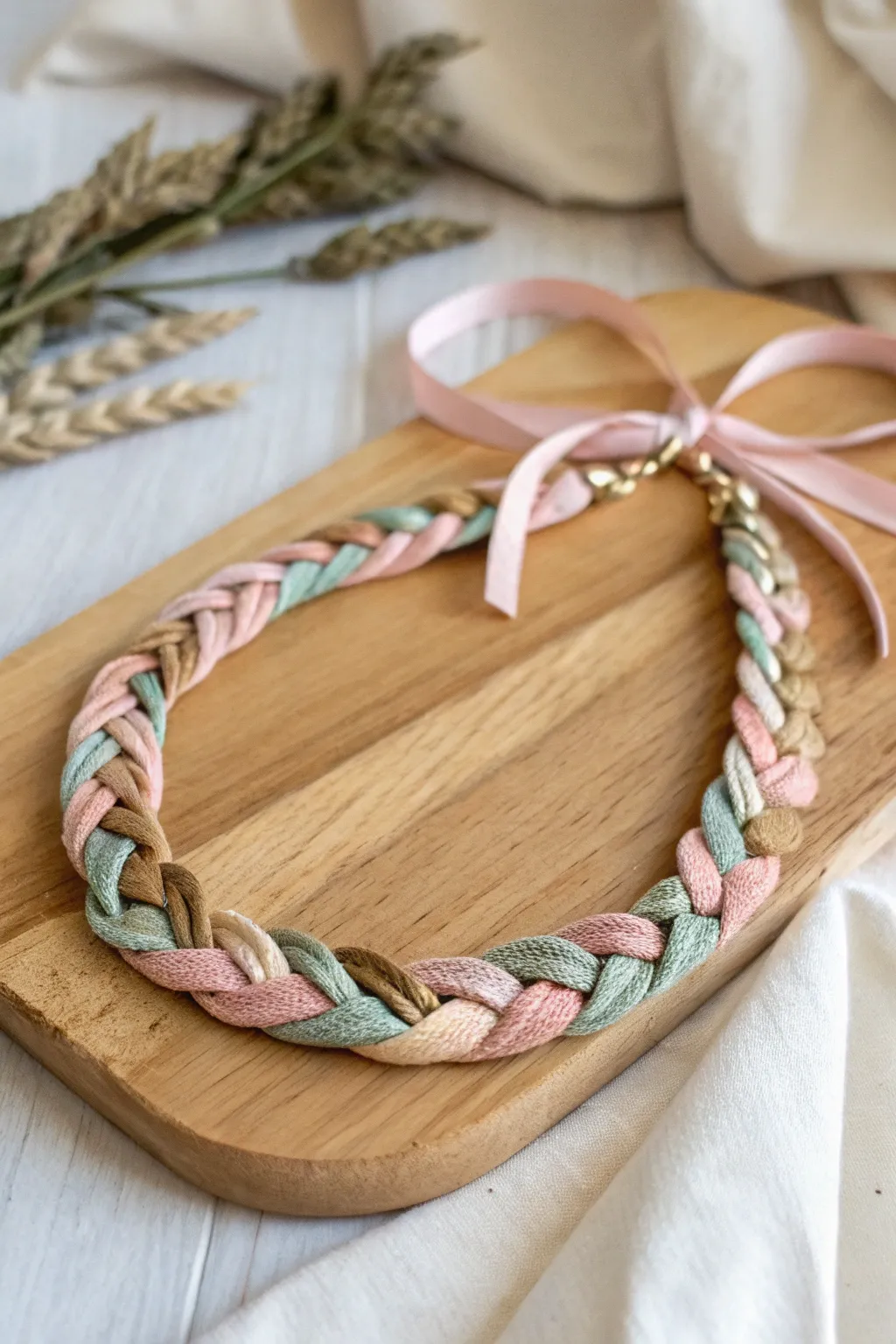 Discover the art of simplicity with a touch of color: A braided ribbon necklace that embodies Scandinavian minimalism with boho elegance.