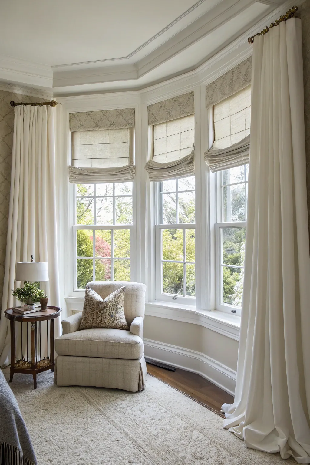 Tailored Roman shades add elegance to bay windows.