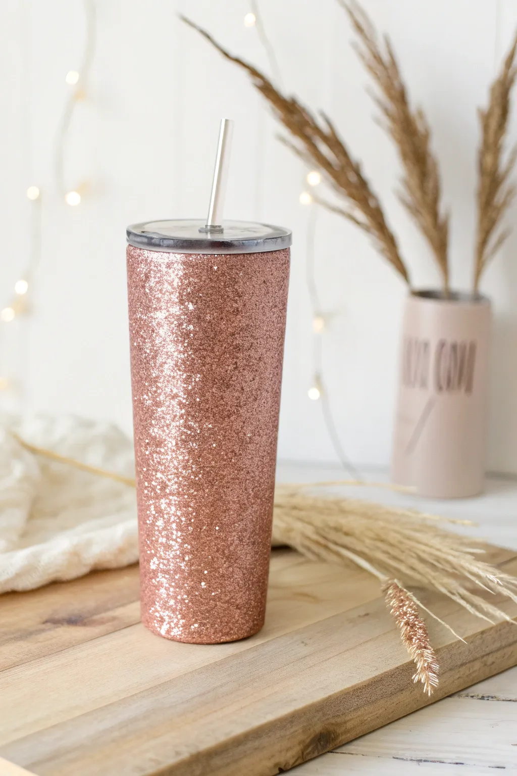 Embrace the elegance of simplicity with this stunning rose gold glitter tumbler.