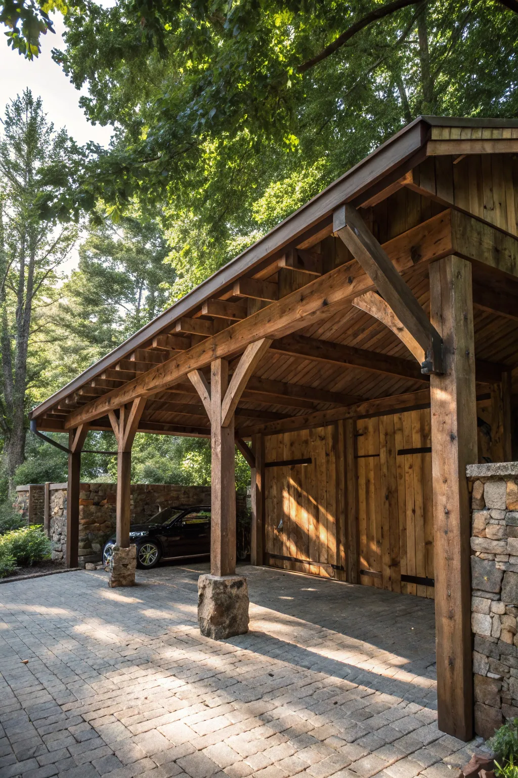 Experience the timeless charm of a carport crafted from reclaimed wood, where every beam carries a story.