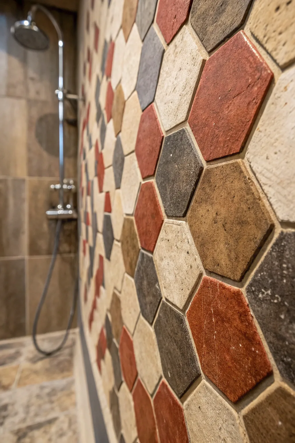 Elevate your shower space with a bold geometric tile pattern. #RusticElegance #BathroomInspiration