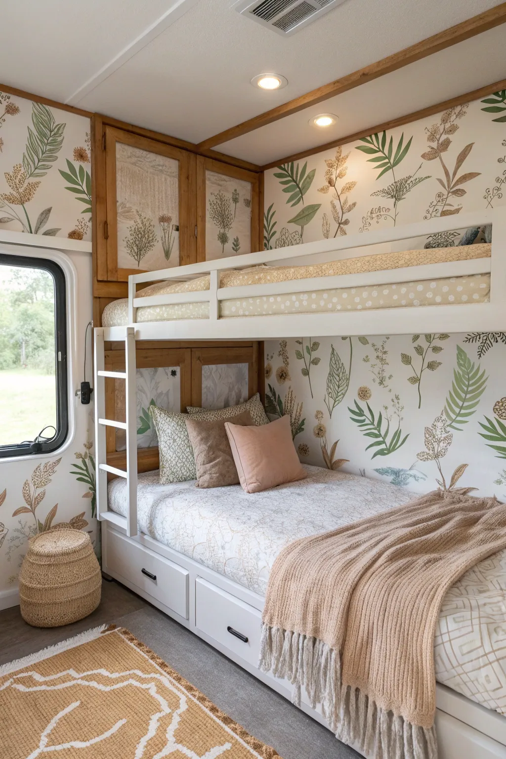 Transform your RV bunk room with peel-and-stick wallpaper for a fresh, seasonal look that combines minimalist beauty with a touch of boho elegance.