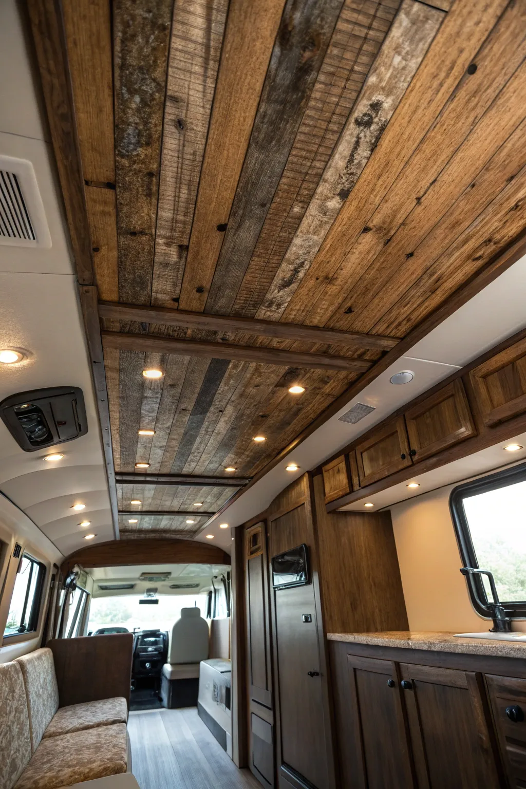 Transform your RV with the timeless charm of reclaimed wood planks, where sustainability meets style.