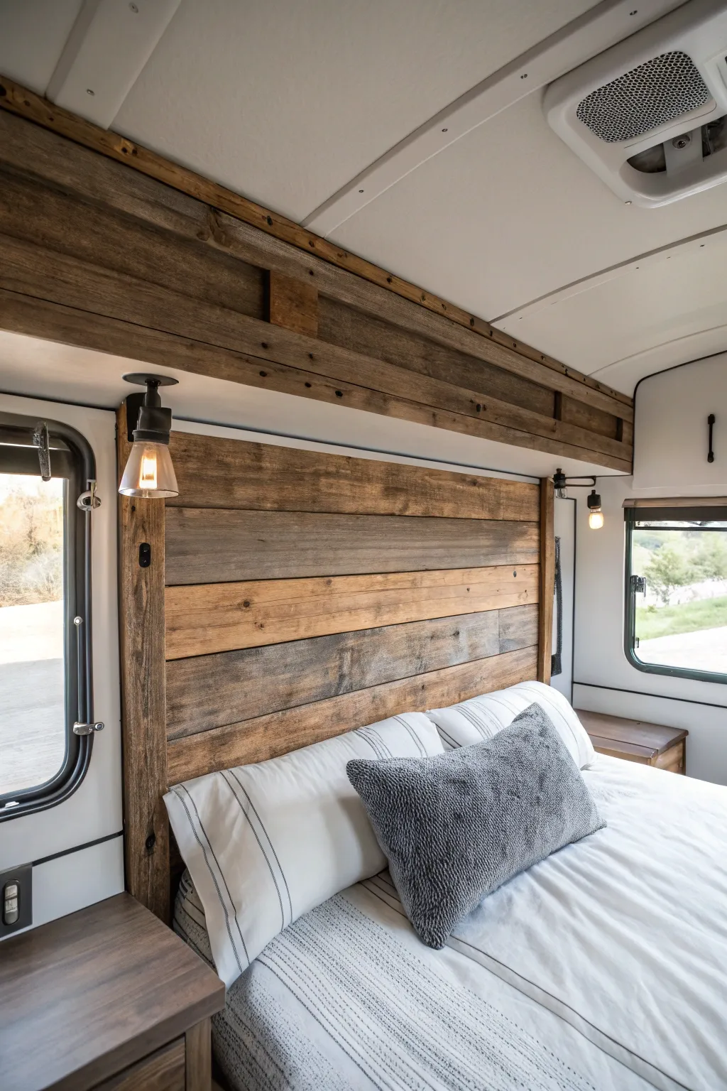 Transform your RV with a touch of rustic elegance: vintage shiplap headboard crafted from reclaimed barn wood.