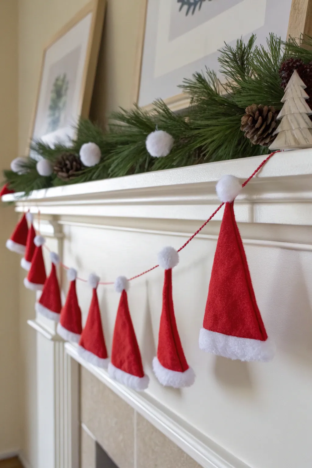 Add a touch of festive whimsy with this charming Santa hat garland, perfect for a cozy, minimalist holiday decor.
