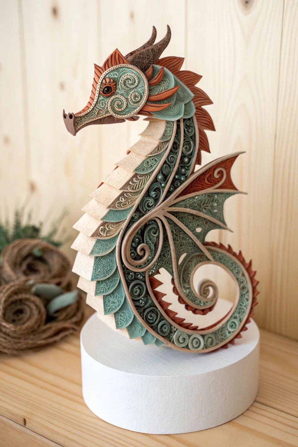 Unleash your creativity with this stunning paper quilled dragon, where intricate textures meet minimalist beauty.
