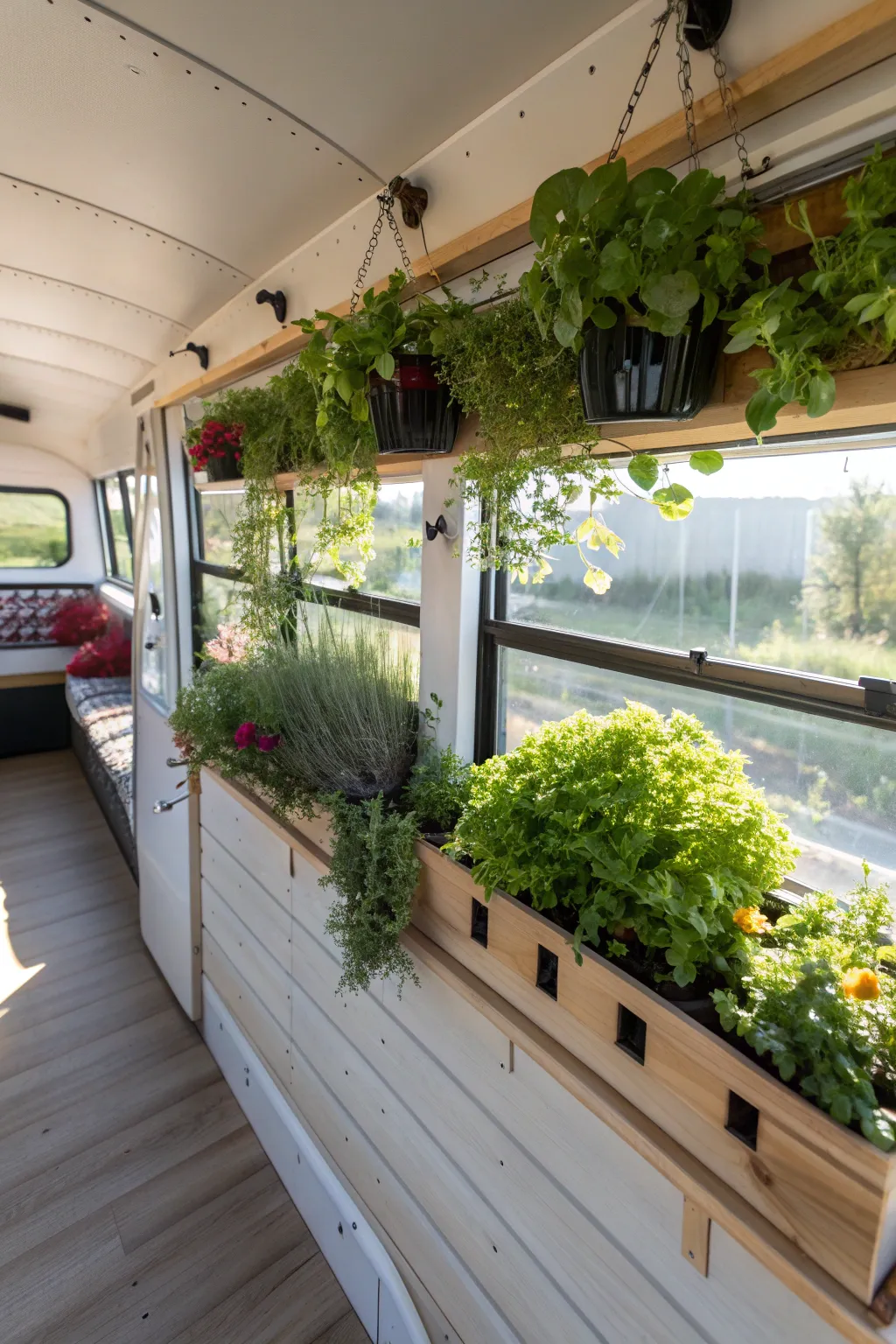 Transform your space with vertical gardens! Discover the charm of climbing plants in your own school bus greenhouse. 🌿🌼