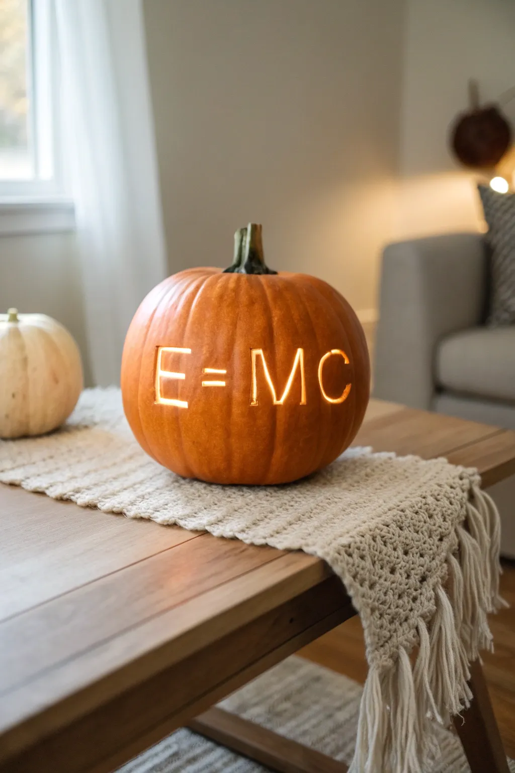 Illuminate your Halloween with Einstein’s brilliance: E=mc² carved into a pumpkin for a perfect blend of science and artistry.