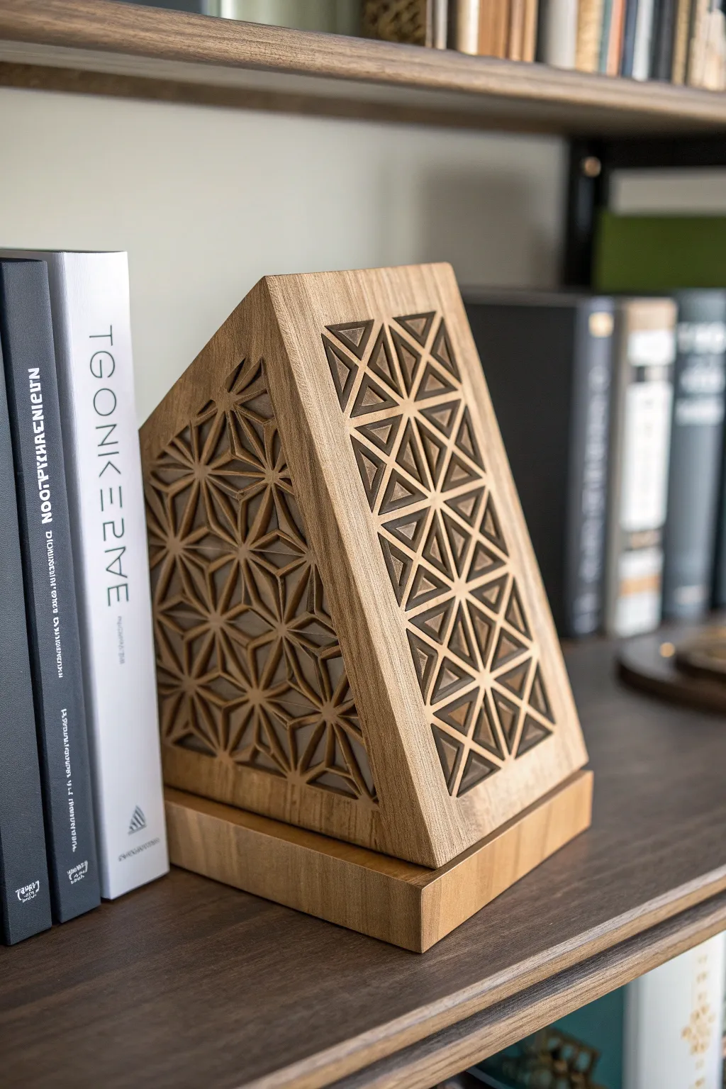 Elevate your bookshelf with these handcrafted geometric bookends made from 4x4 wood. A perfect blend of functionality and style.