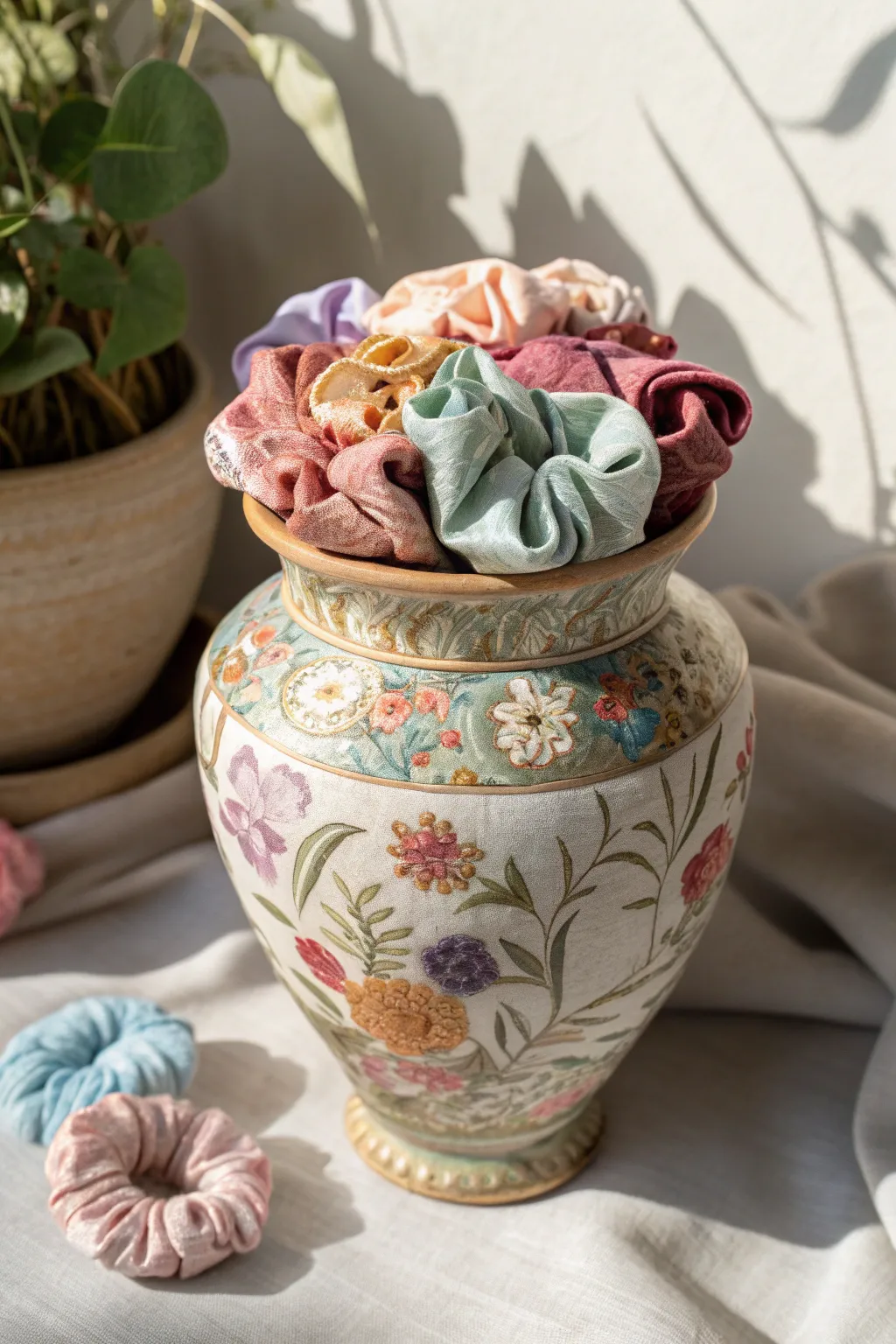 Transform nostalgia into elegance with a vintage vase scrunchie holder.