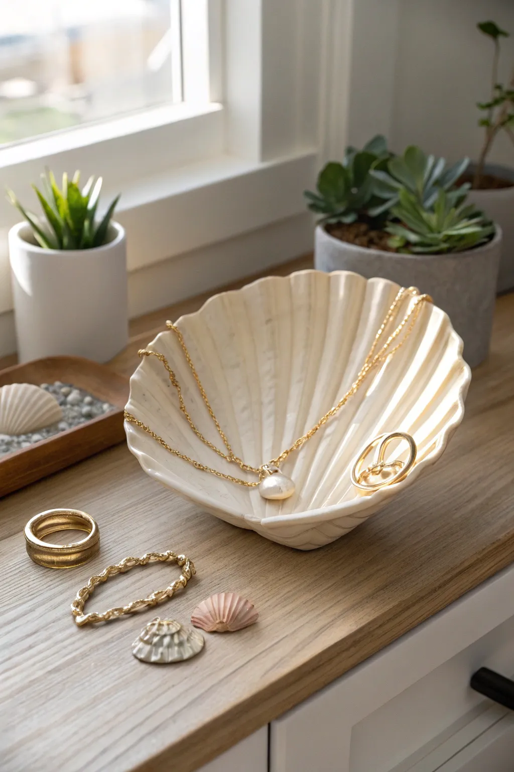 Elevate your bathroom decor with this chic seashell jewelry holder—where coastal elegance meets minimalist design.