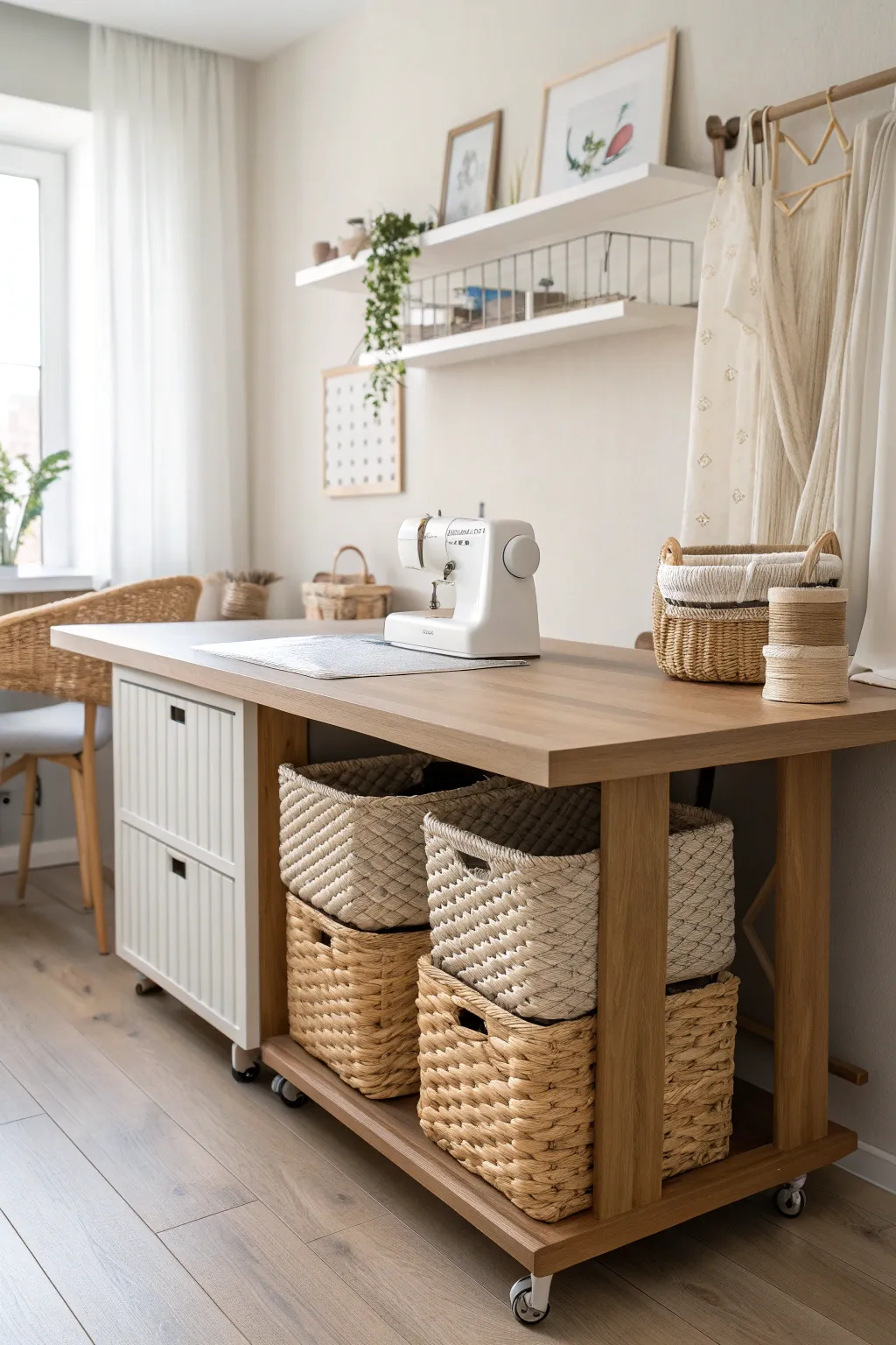 Maximize your sewing space with chic under-table storage solutions that blend functionality with minimalist charm.