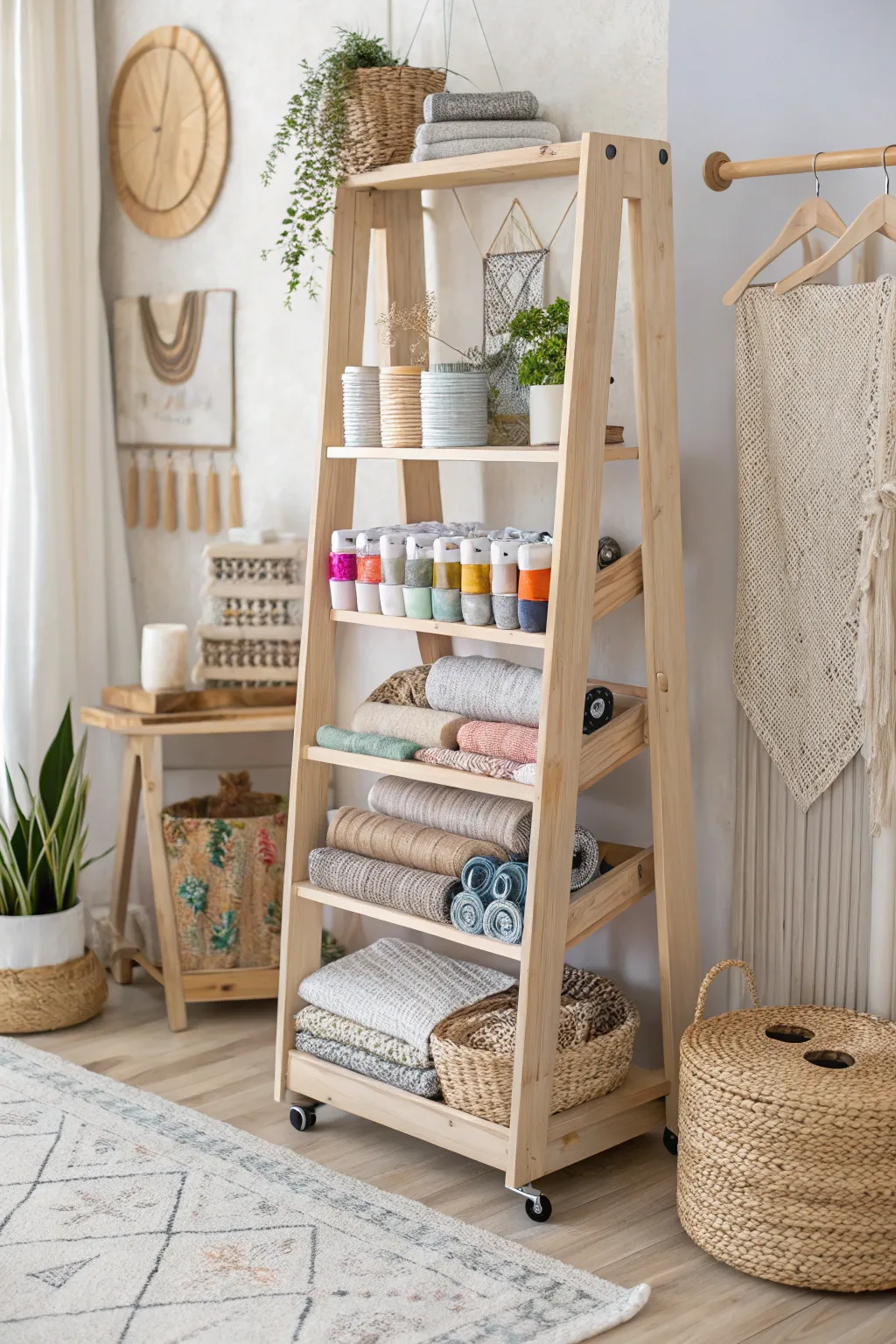 Transform your sewing space with stylish rolling shelves that blend function and beauty effortlessly.