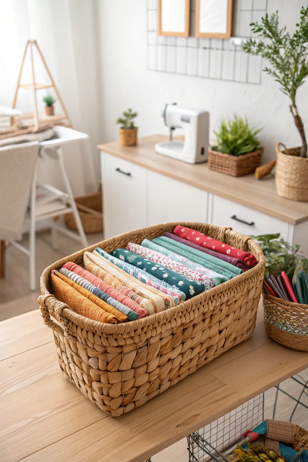 Embrace sustainable style with recycled basket storage for your fabric scraps. Organize beautifully, live consciously. 🌿 #EcoFriendly #MinimalistCraft