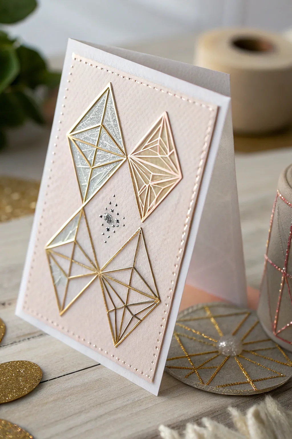 Embrace the elegance of geometric glam with this stunning shaker card, where minimalist design meets metallic artistry.