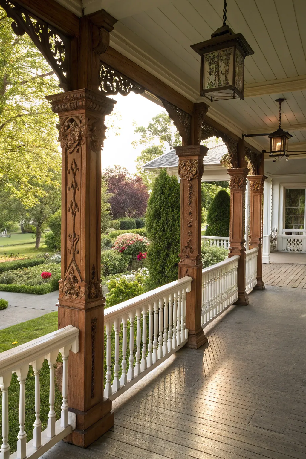 Decorative pillars frame the porch elegantly.