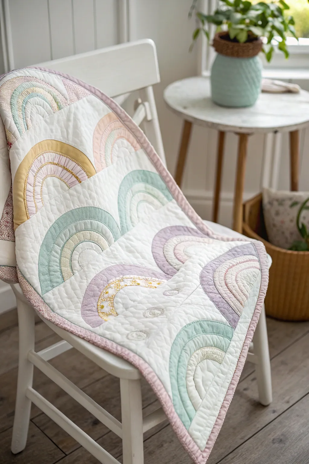 Add a splash of serene color to your nursery with this charming pastel rainbow quilt.
