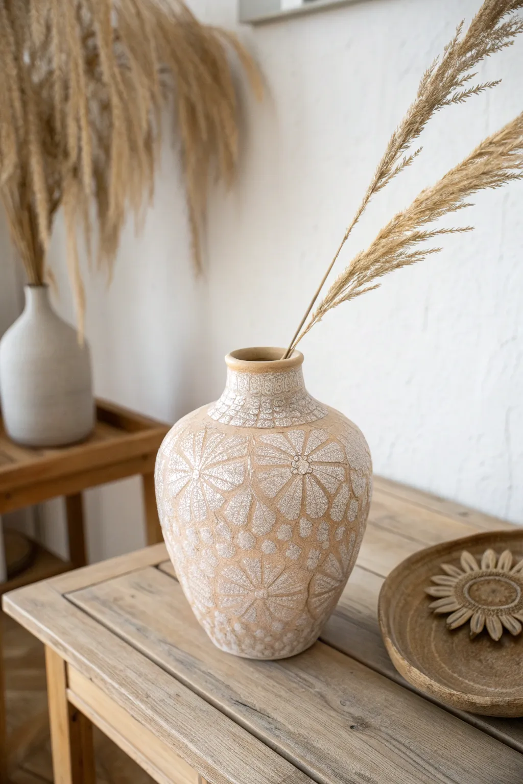 Embrace the beauty of simplicity with textured sponge patterns on handcrafted pottery.