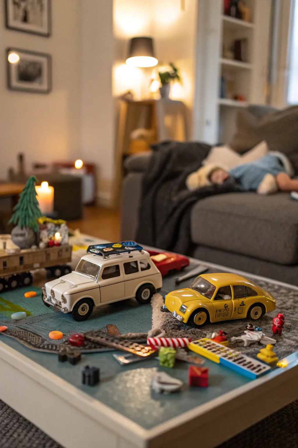 A playful and nostalgic scene with toy cars.