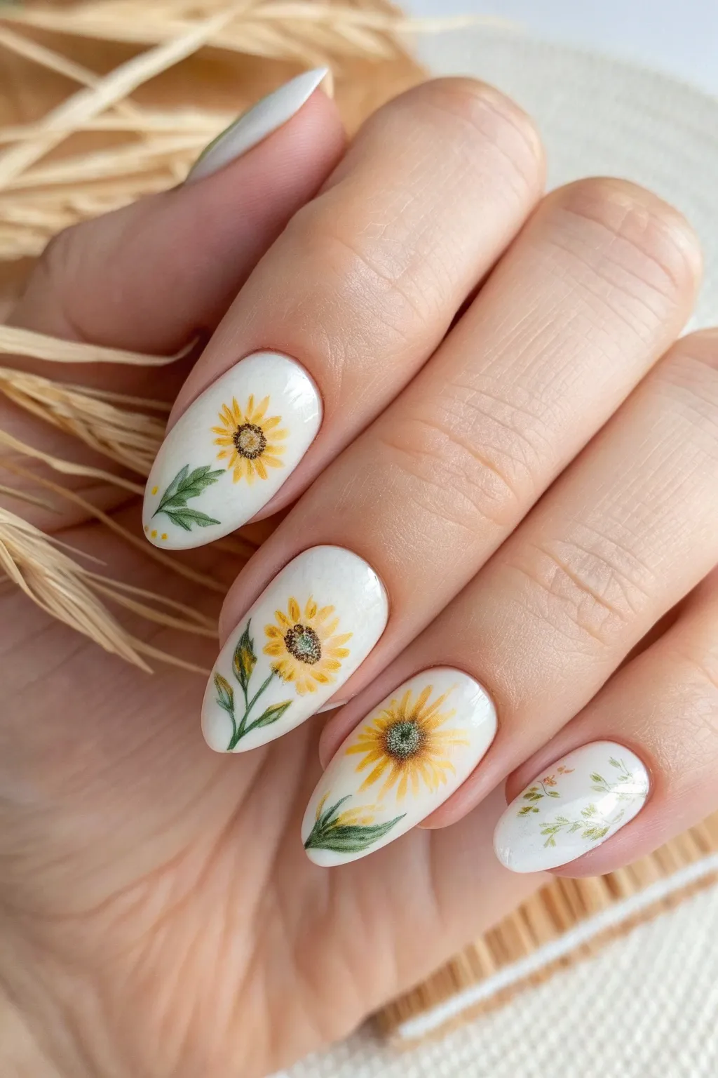 Embrace the gentle allure of watercolor sunflowers for a touch of summer sophistication on your nails.