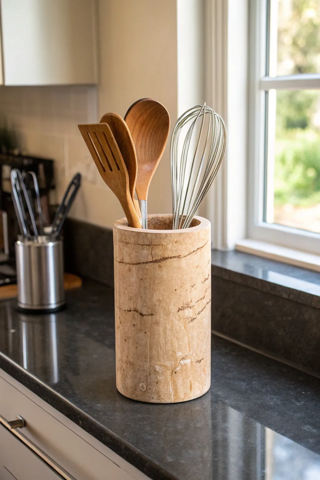 Elevate your kitchen aesthetics with this rustic slab cylinder utensil holder.