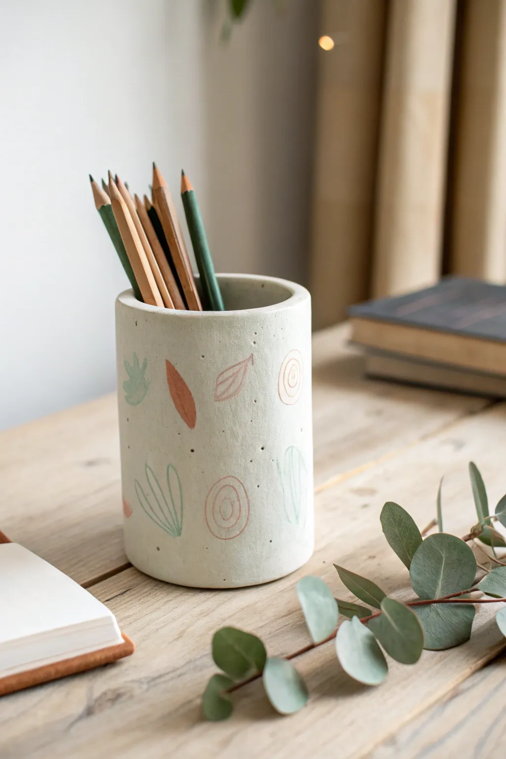 Elevate your workspace with this charming handmade pencil holder, where minimalist design meets playful artistry.