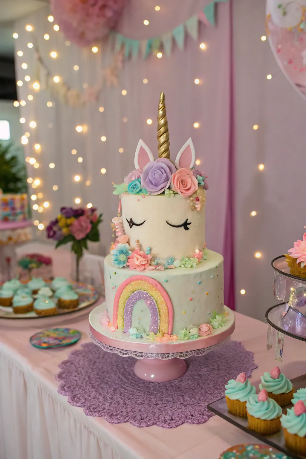 A magical unicorn dream cake, adding enchantment to the sleepover.