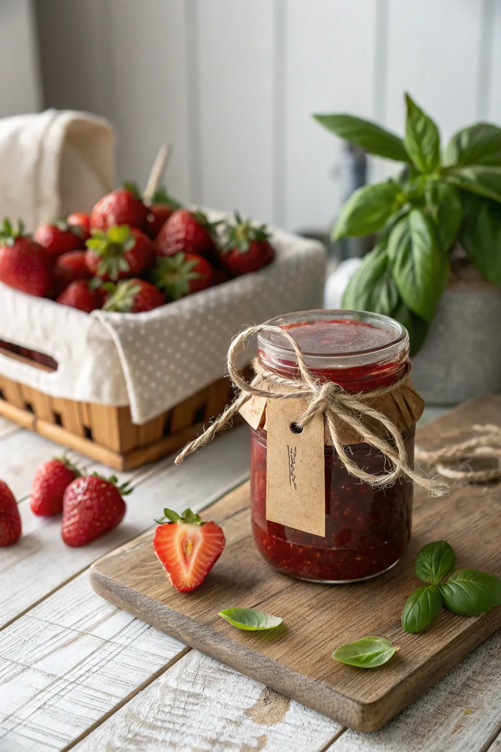 Savor the sweet simplicity of homemade strawberry-basil jam, a perfect gift crafted with love.
