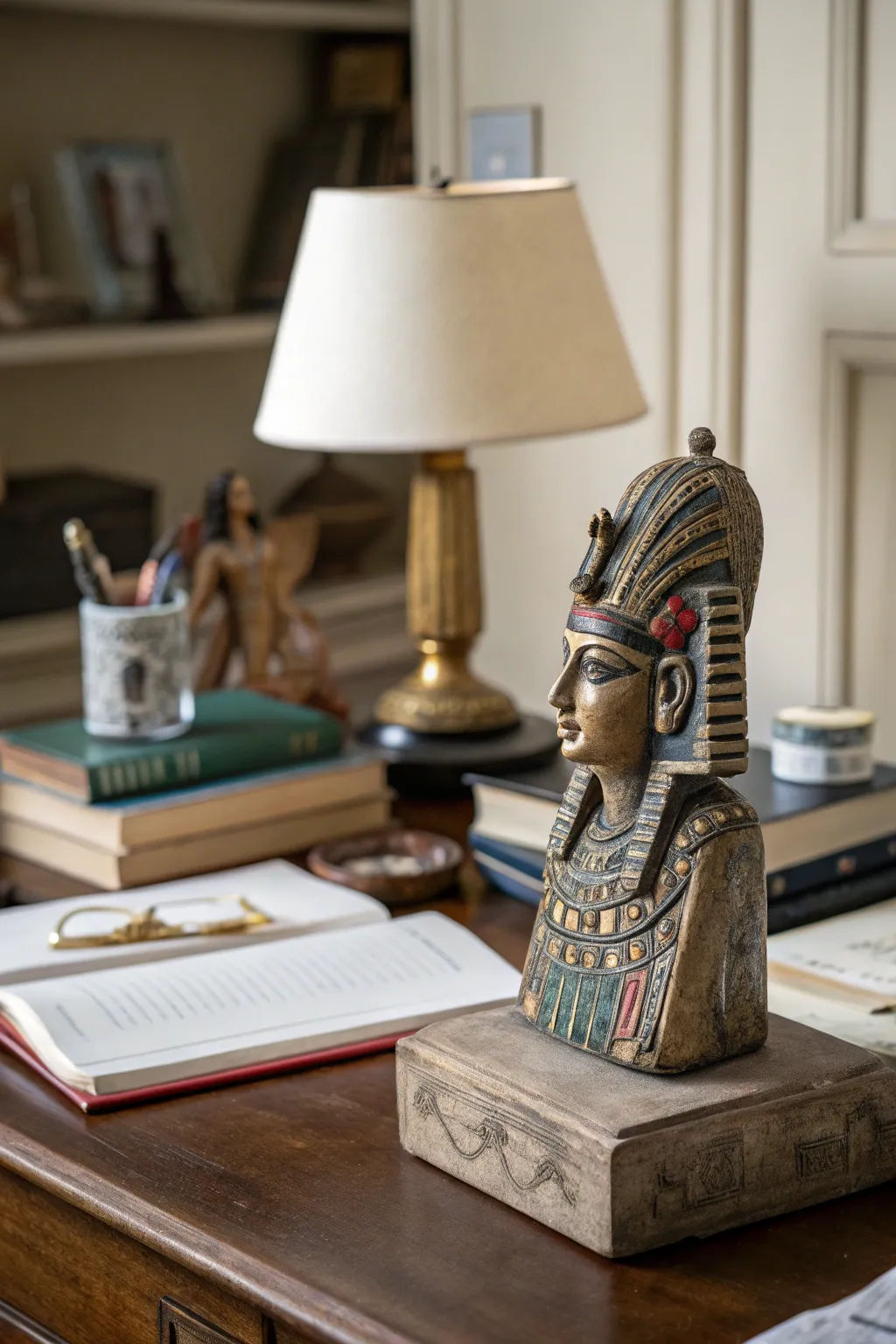 A culturally-inspired sculpture enriches a study desk.