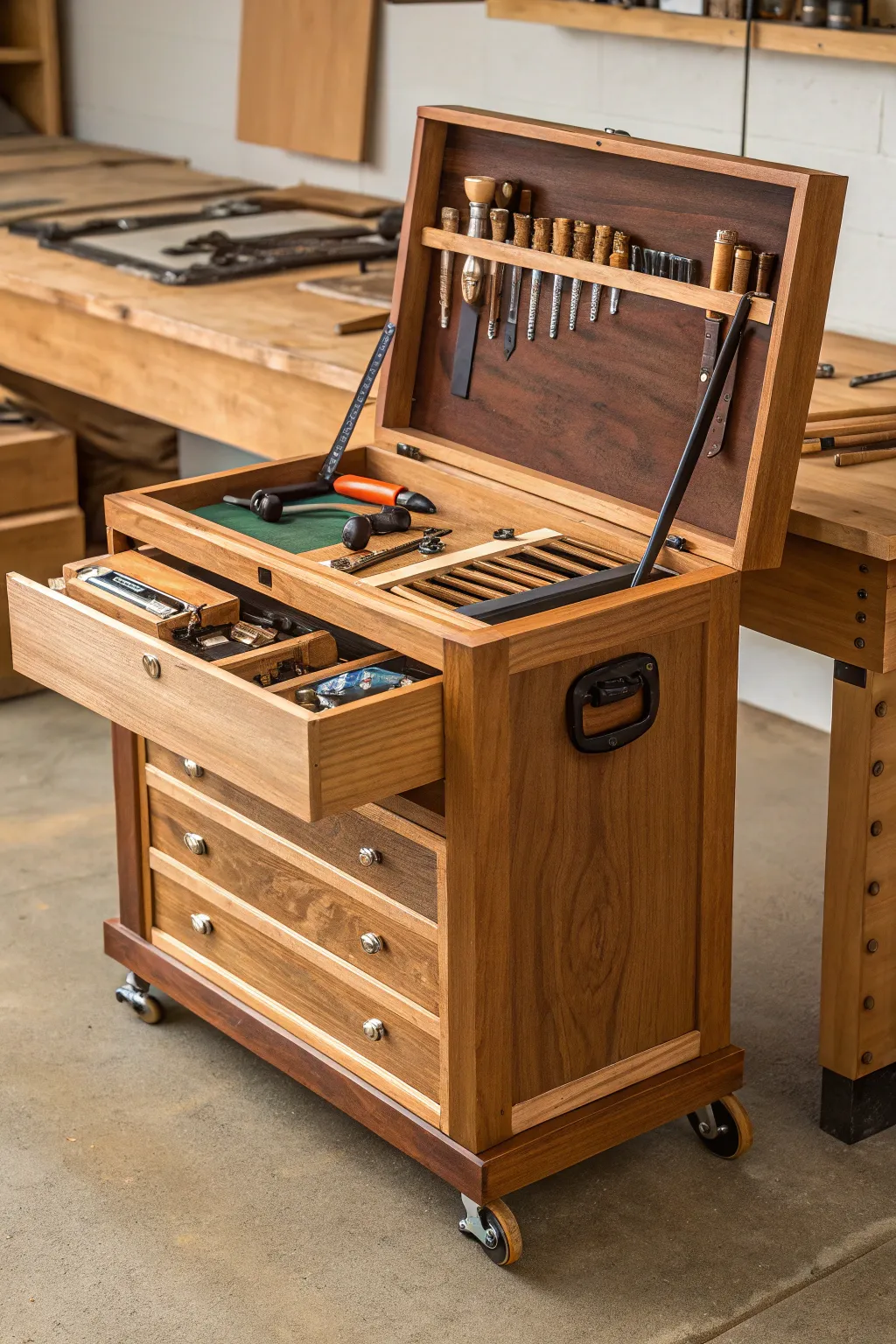 Streamline your workspace with a sleek, movable tool chest that keeps your tools organized and at your fingertips.