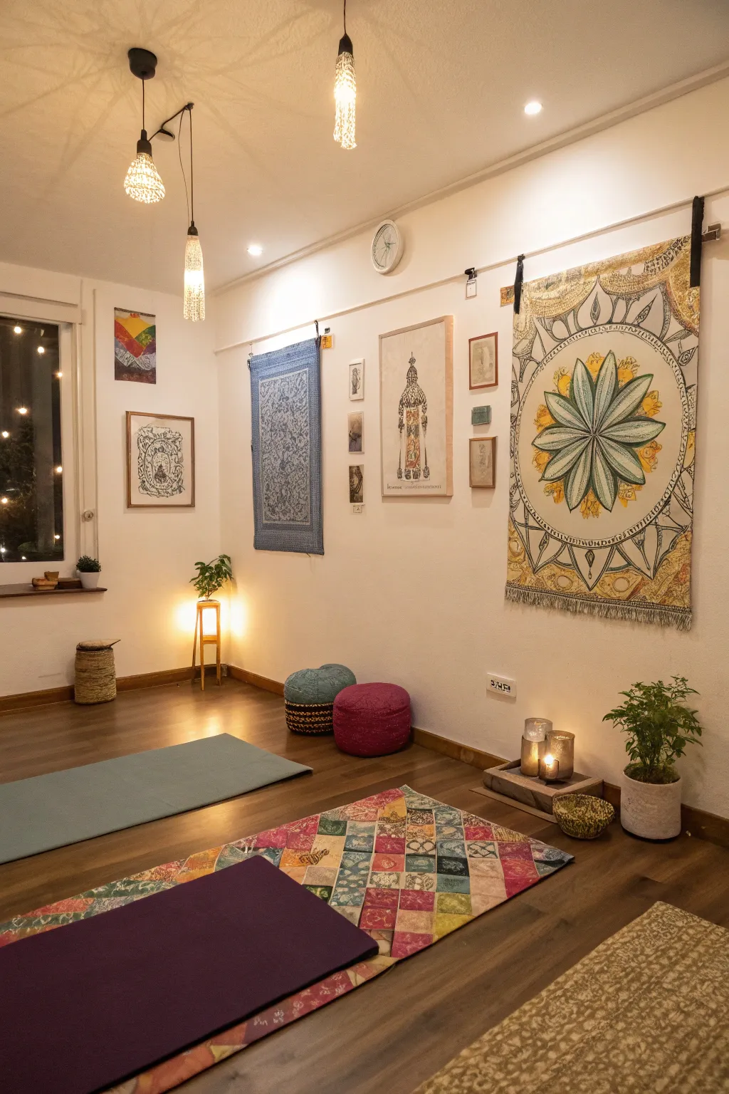 Unique art adds a personal and inspirational touch to the yoga room.