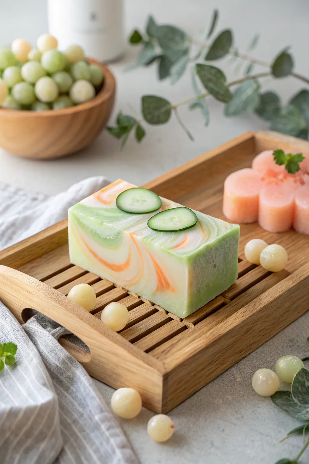 Embrace the refreshing allure of cucumber and melon with this handcrafted soap masterpiece.