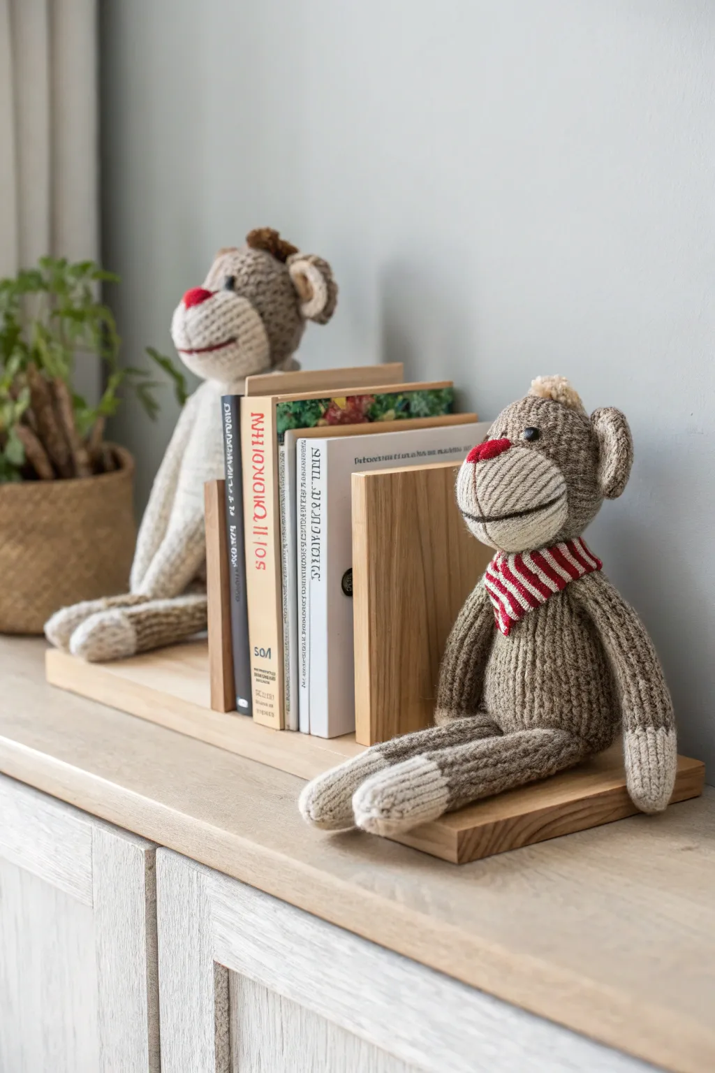 Add a playful touch to your bookshelf with these charming sock monkey bookends.