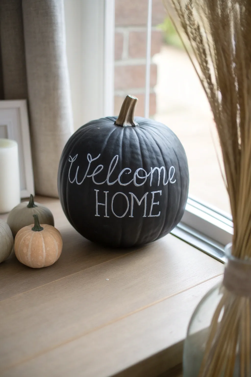 Transform your pumpkins into personalized chalkboard canvases for a touch of minimalist elegance.