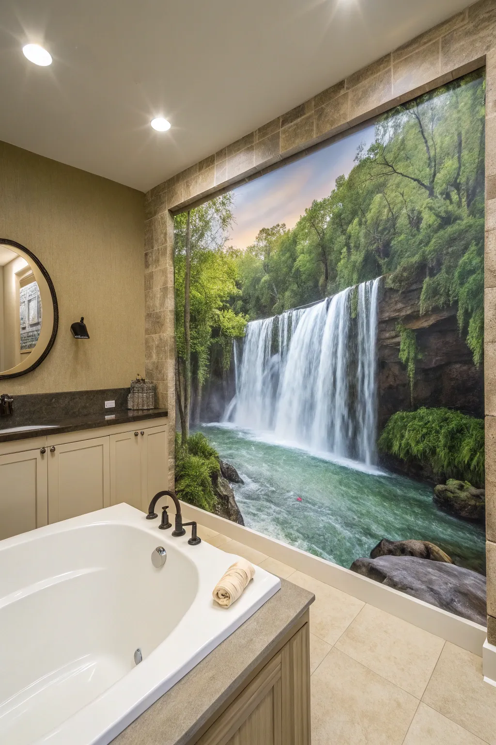 A calming bathroom featuring a wall mural of a waterfall.