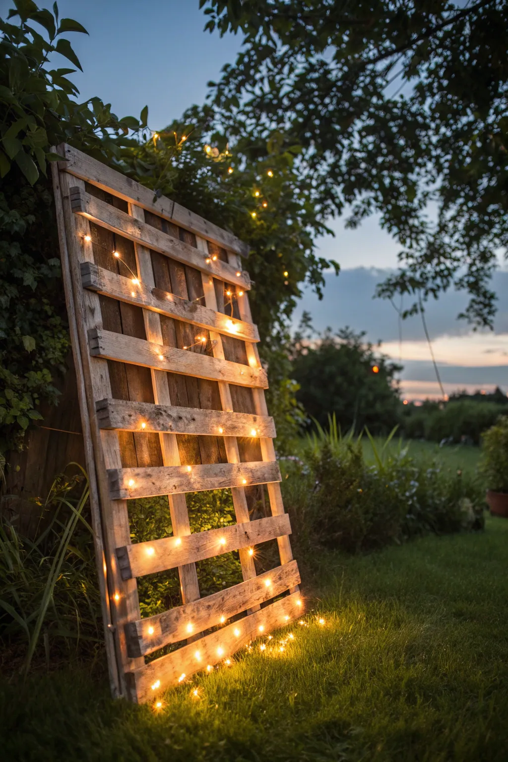 Transform your evenings with a captivating pallet frame for outdoor lighting.