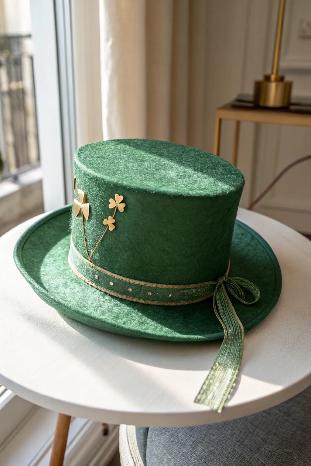 Elevate your St. Patrick's Day table with this chic green top hat centerpiece, blending minimalist elegance with Bohemian charm.