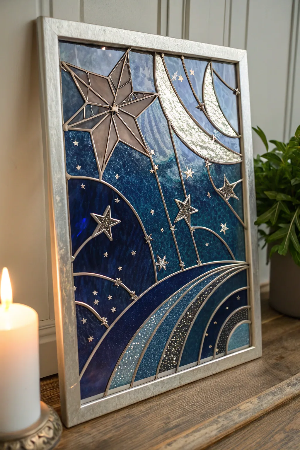 Transform your space with a touch of celestial magic through this handcrafted stained glass masterpiece.