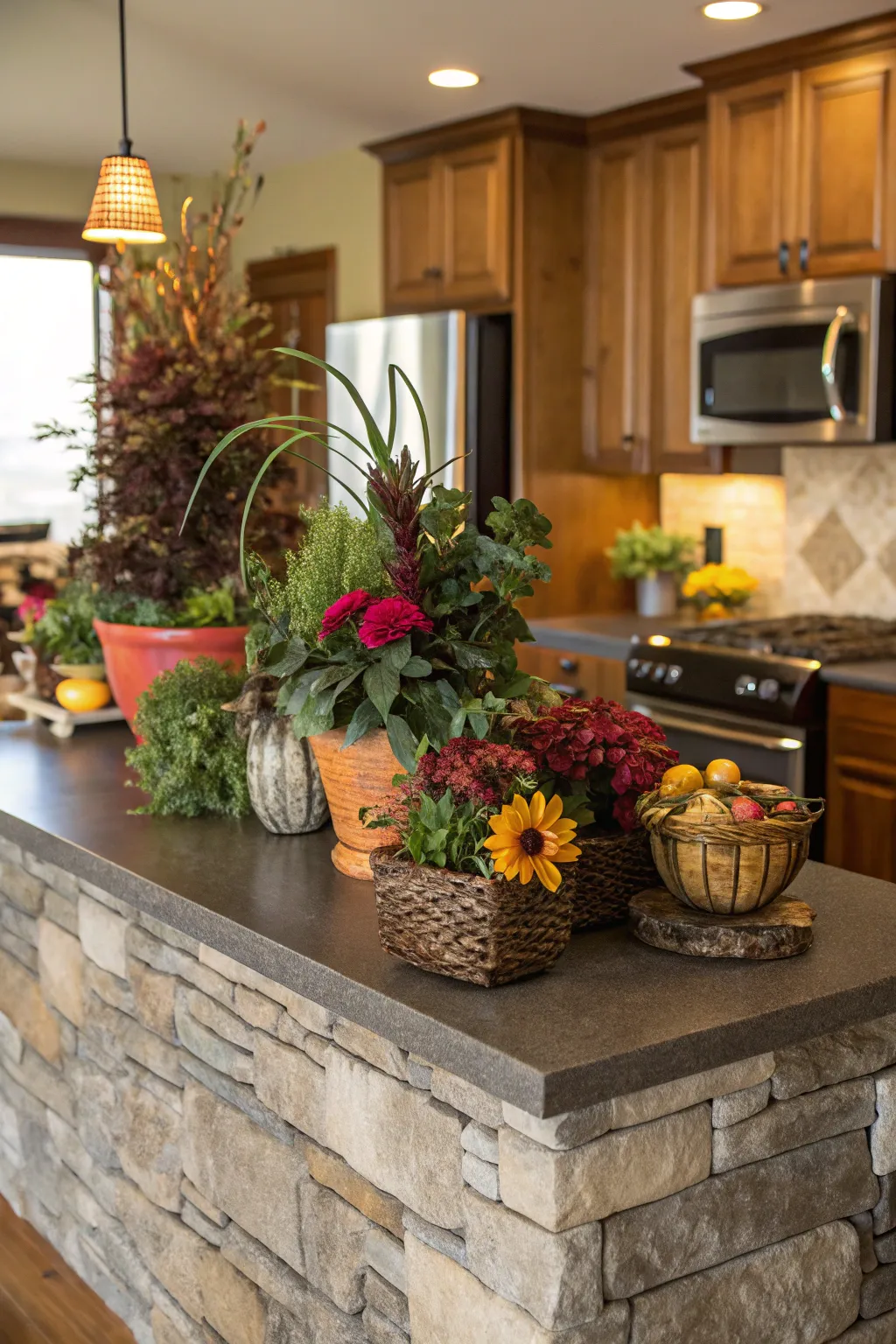 A stone kitchen island enhanced by plants and decorative elements.