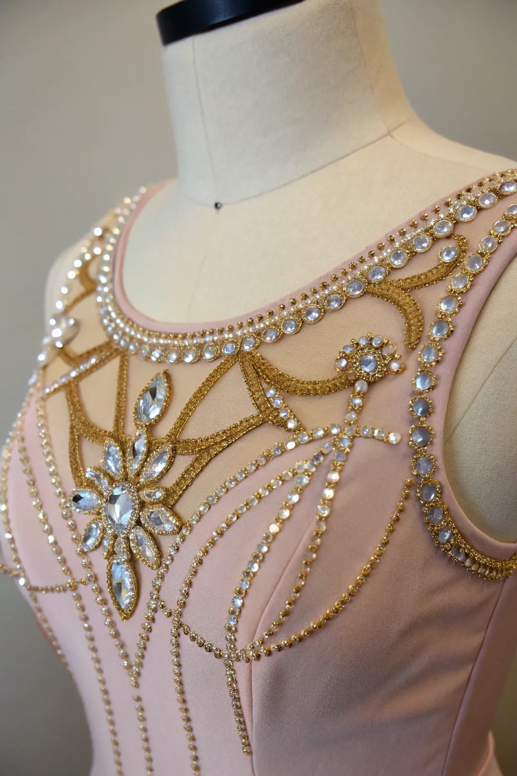 Elevate your costume with a regal rhinestone neckline, where elegance meets craftsmanship.