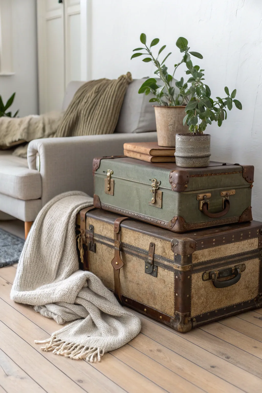 Transform vintage charm into functional elegance with repurposed suitcase storage.