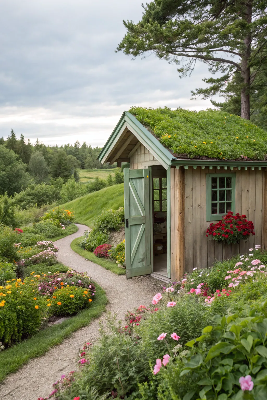A green roof blends the shed with its natural surroundings.