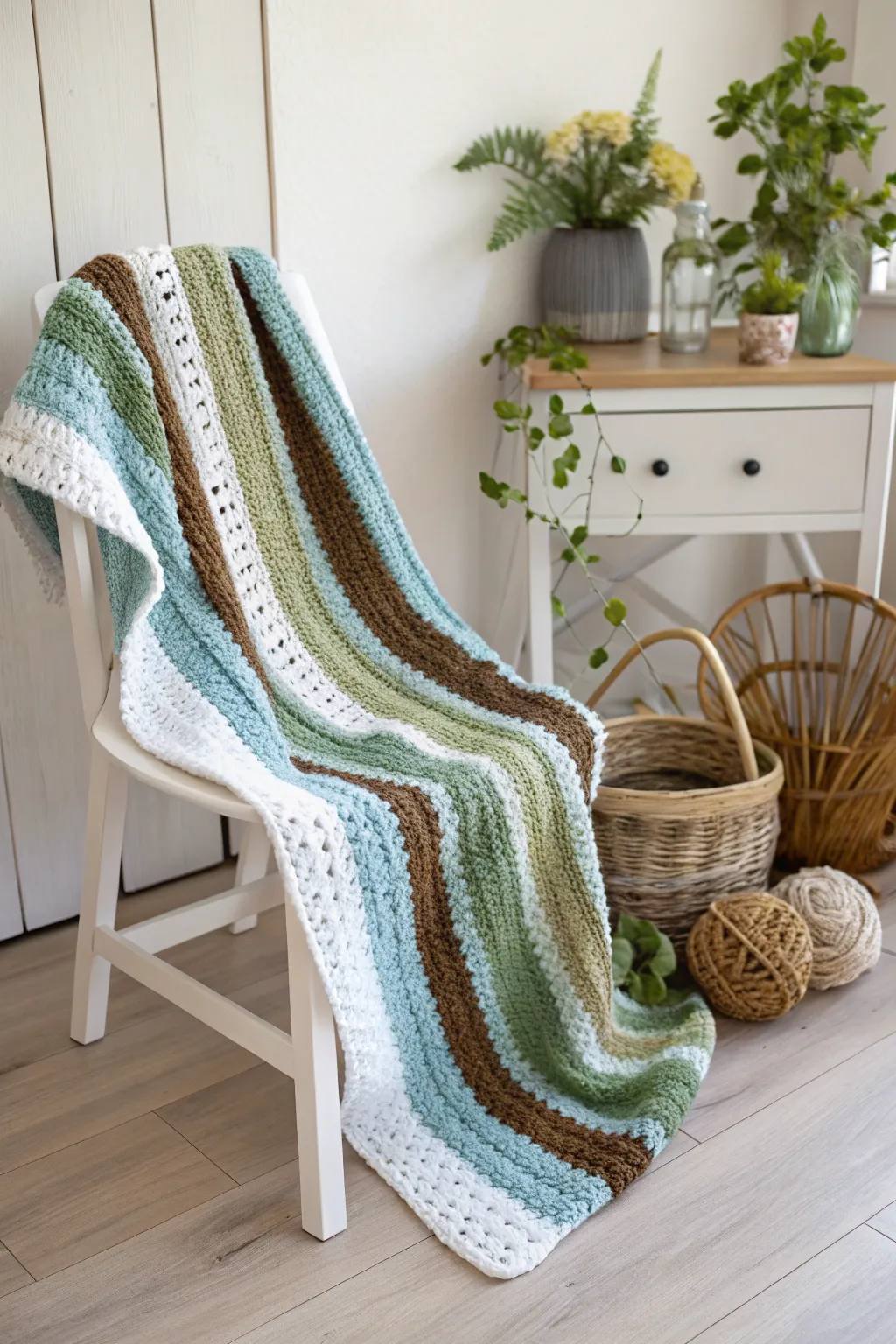 Wrap yourself in the colors of the forest with this nature-inspired crochet blanket, where simplicity meets elegance.