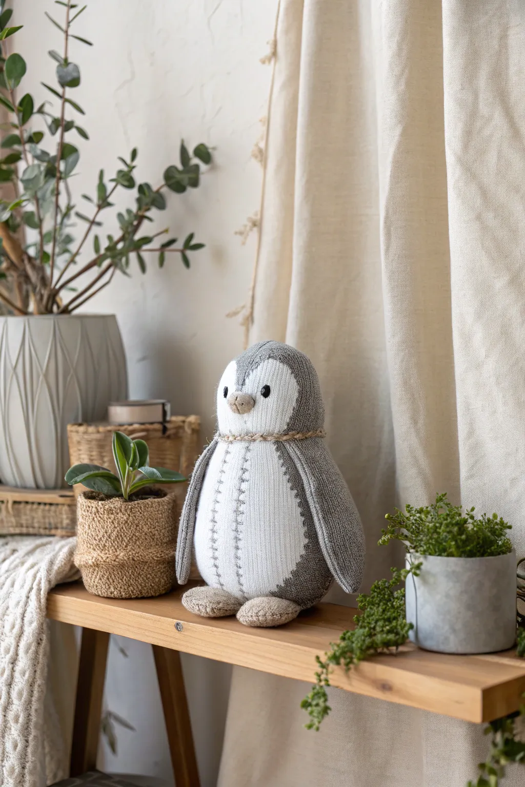 Embrace the cozy charm of winter with this elegant penguin plush, a perfect blend of minimalist design and boho warmth.