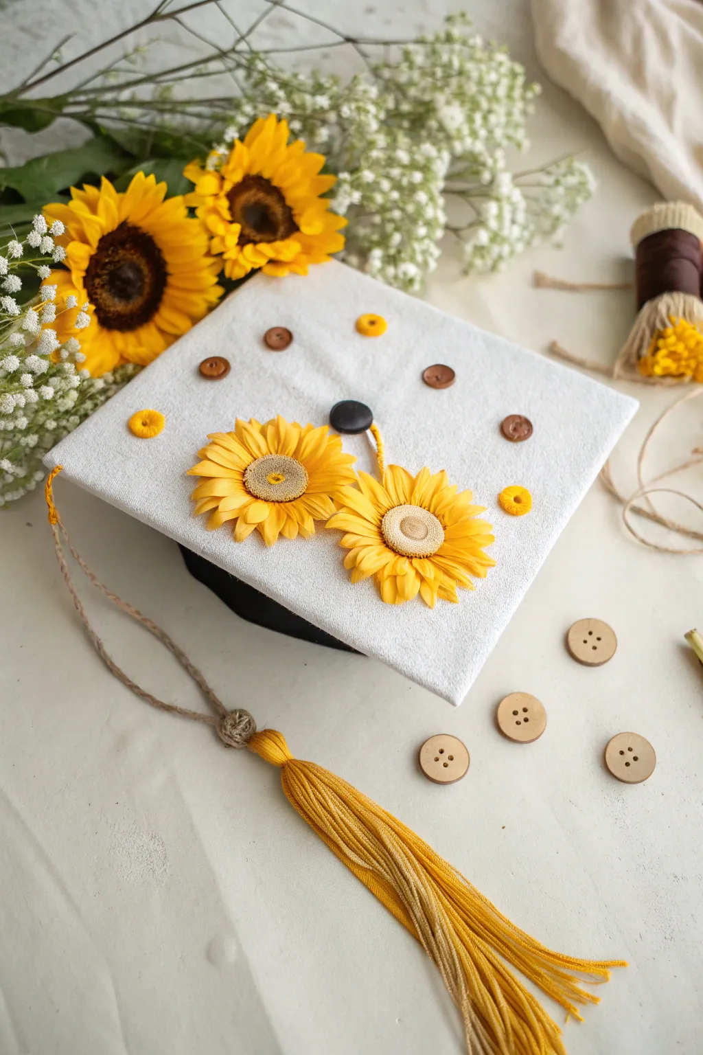 Celebrate your achievement with a sunflower touch: a handcrafted cap that's both charming and fun!