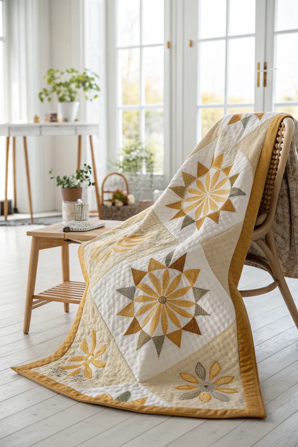Embrace modern elegance with a geometric sunflower quilt that blends craftsmanship with minimalist charm.