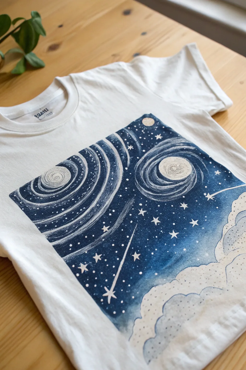 Embark on a celestial journey with this hand-painted cosmic tee—where minimalist design meets the beauty of the universe.